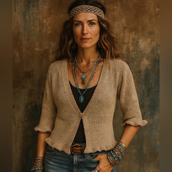 Vintage August Silk Tan Knit Ruffle Short Sleeve Shrug Cardigan Size Medium - Picture 2 of 11